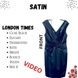 LONDON TIMES Black Satin Sheath Unique Bodice Tucks Pleats